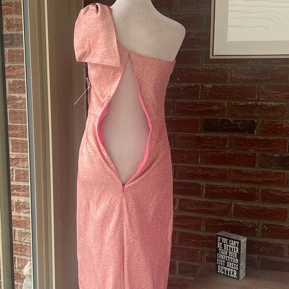 Teri Jon Pink Shimmering One Shoulder Bow Cocktail Dress Size 2 NWT - Picture 9 of 11